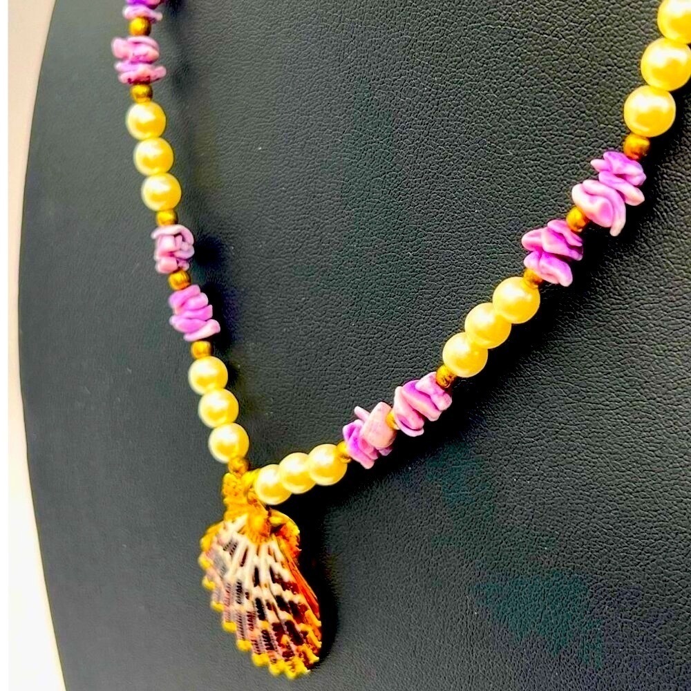 Handcrafted Faux  Pearl & Shell Necklace With Lavender Accents.  A23 - Picture 4 of 9